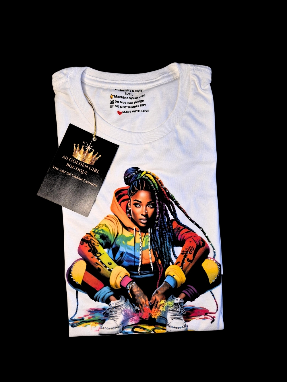 Luxury Rainbow Baddie Tee - Hand-Crystalled Urban Art - AD Golden Girl